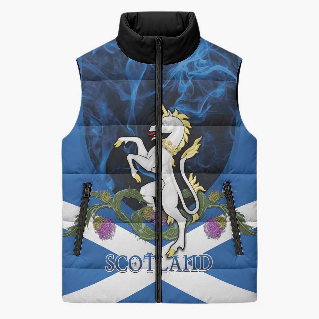 Personalised Unicorn Scotland Sleeveless Puffer Jacket Scottish Saltire With Thistle