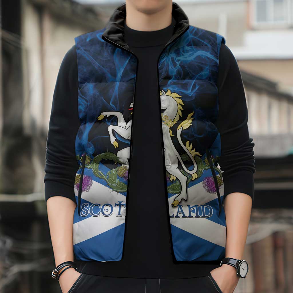 Personalised Unicorn Scotland Sleeveless Puffer Jacket Scottish Saltire With Thistle
