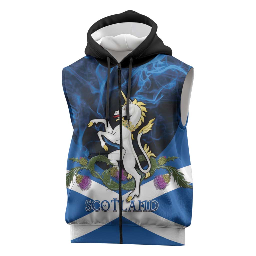 Personalised Unicorn Scotland Sleeveless Zip Hoodie Scottish Saltire With Thistle