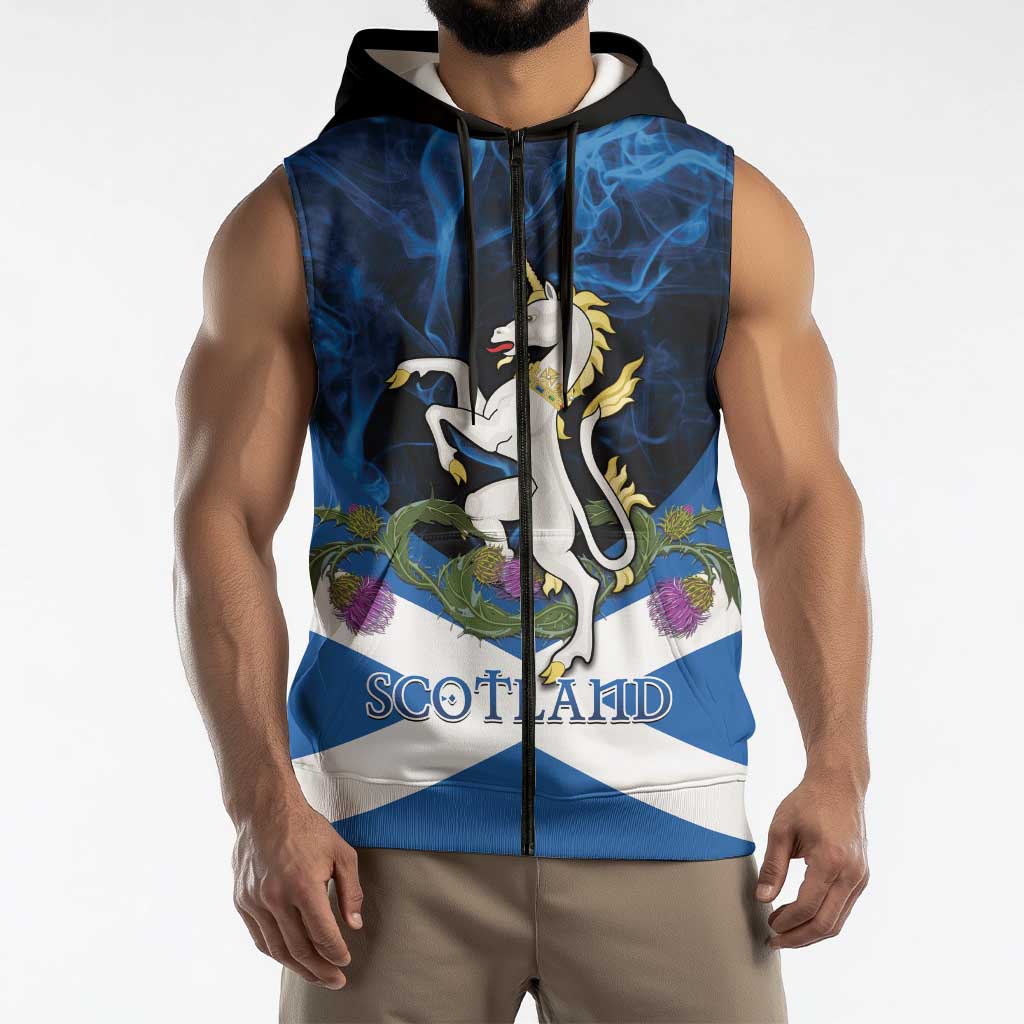 Personalised Unicorn Scotland Sleeveless Zip Hoodie Scottish Saltire With Thistle