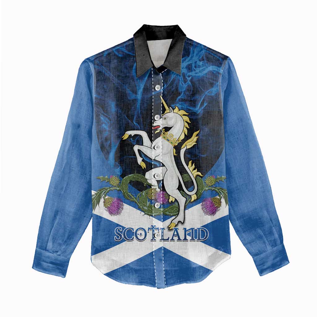 Personalised Unicorn Scotland Women Casual Shirt Scottish Saltire With Thistle
