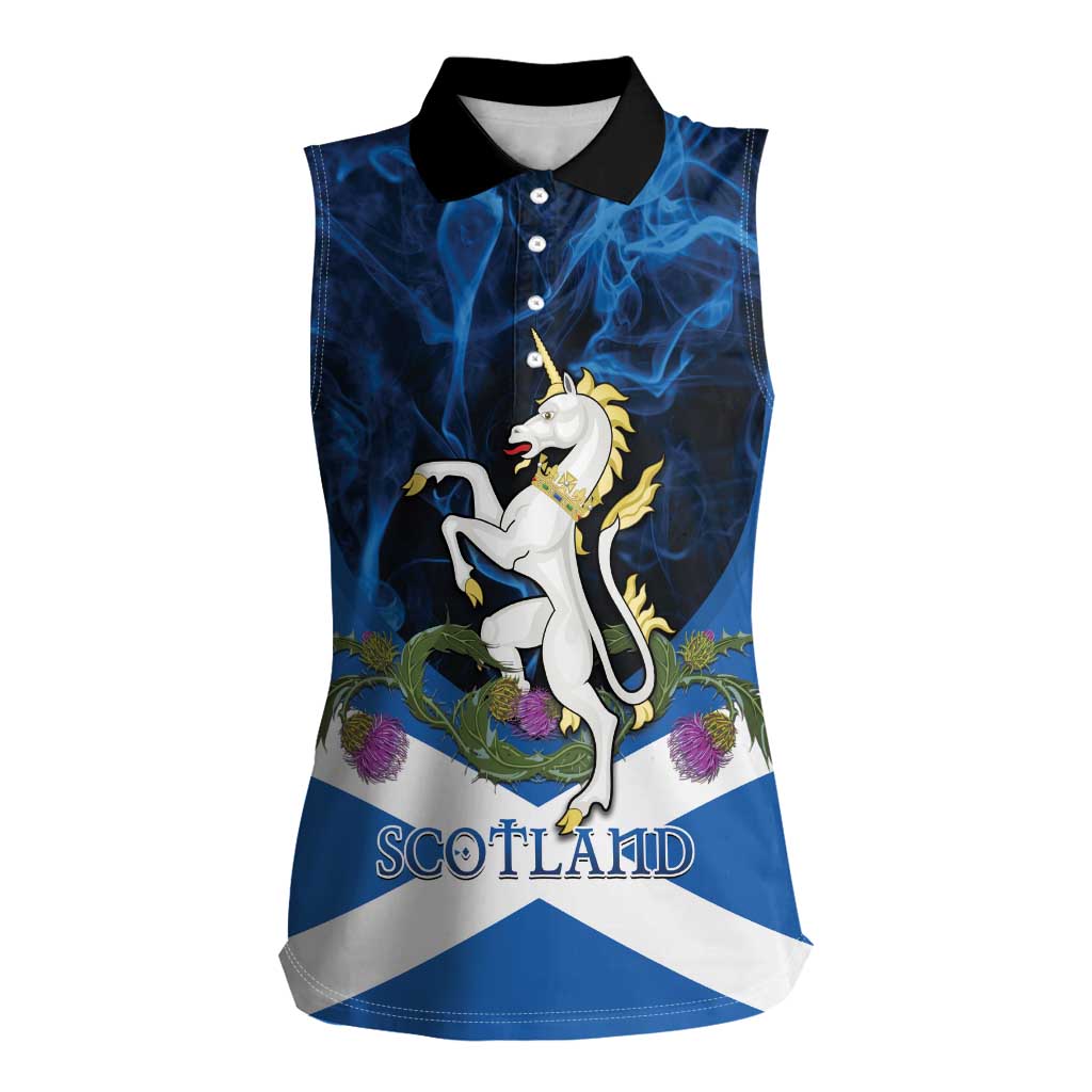 Personalised Unicorn Scotland Women Sleeveless Polo Shirt Scottish Saltire With Thistle