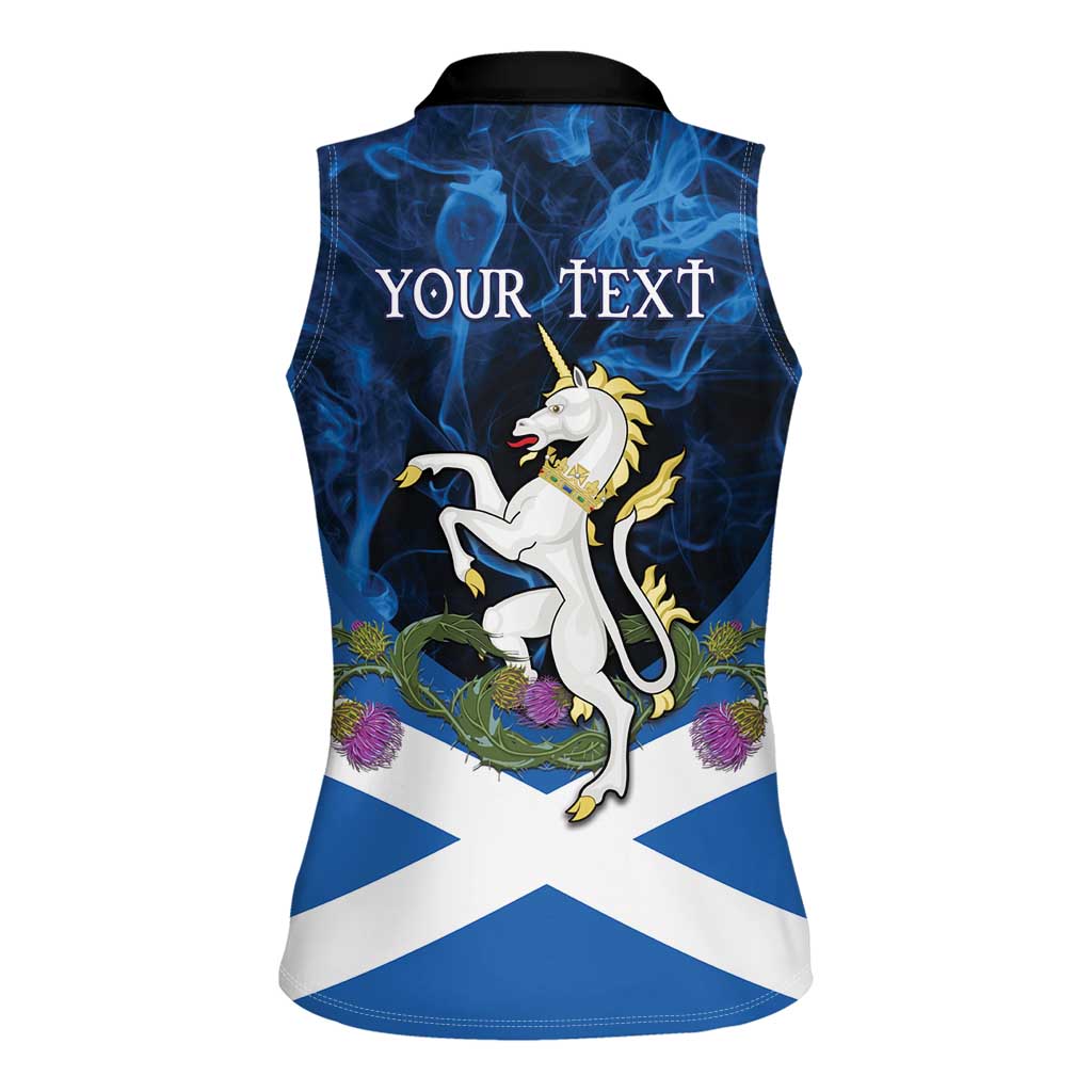 Personalised Unicorn Scotland Women Sleeveless Polo Shirt Scottish Saltire With Thistle