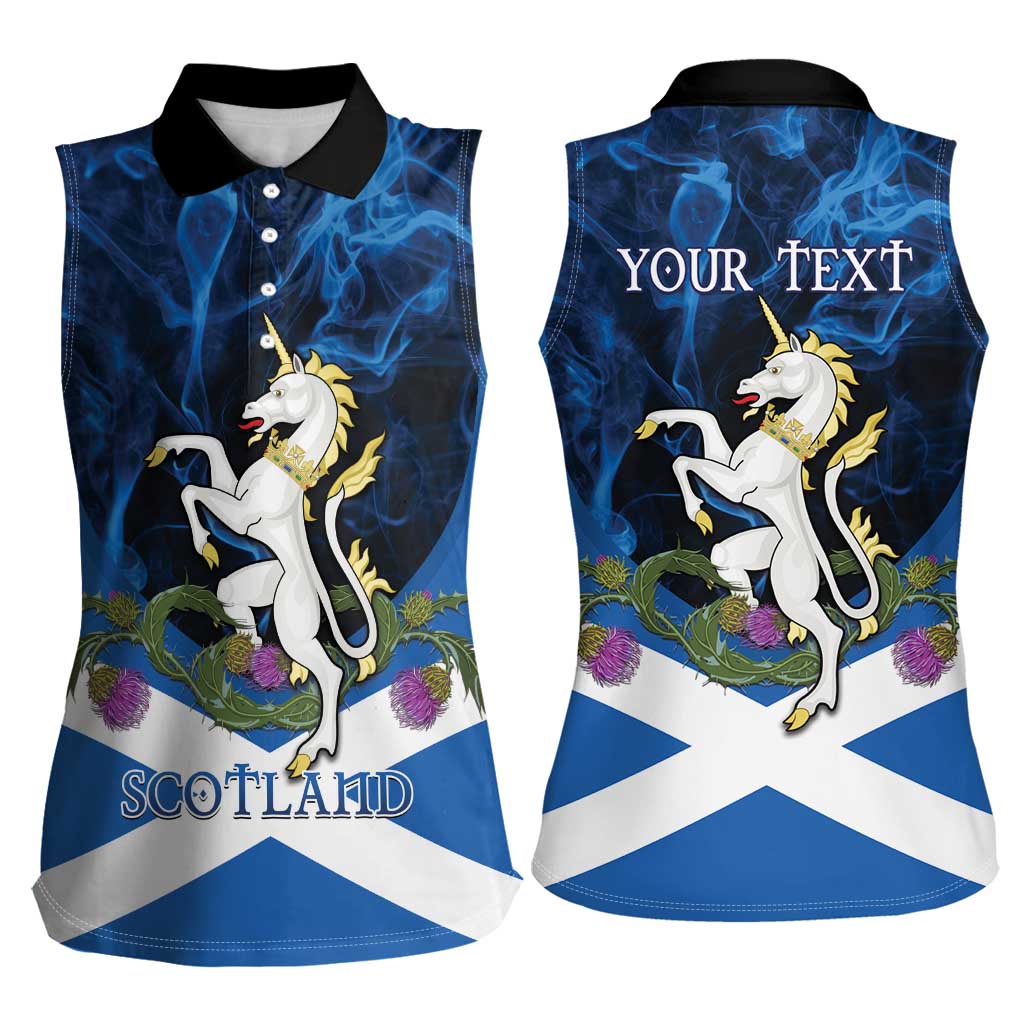 Personalised Unicorn Scotland Women Sleeveless Polo Shirt Scottish Saltire With Thistle