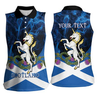 Personalised Unicorn Scotland Women Sleeveless Polo Shirt Scottish Saltire With Thistle