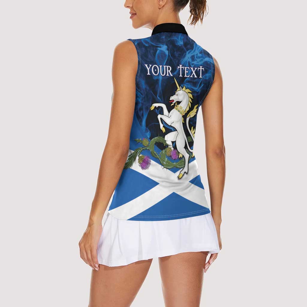 Personalised Unicorn Scotland Women Sleeveless Polo Shirt Scottish Saltire With Thistle