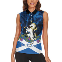 Personalised Unicorn Scotland Women Sleeveless Polo Shirt Scottish Saltire With Thistle