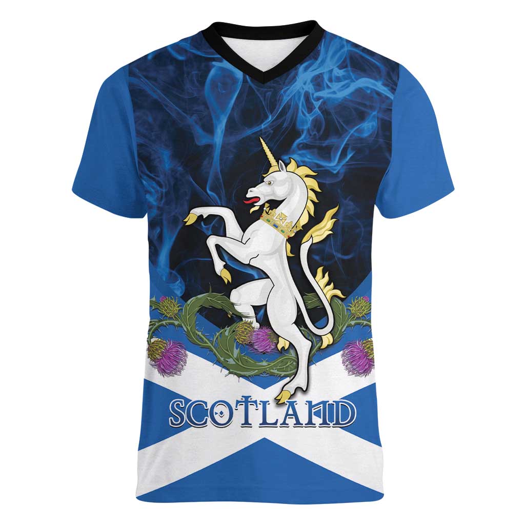 Personalised Unicorn Scotland Women V-Neck T-Shirt Scottish Saltire With Thistle