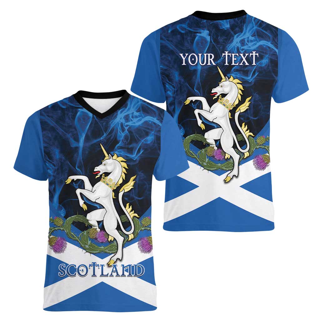 Personalised Unicorn Scotland Women V-Neck T-Shirt Scottish Saltire With Thistle
