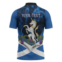 Personalised Unicorn Scotland Zipper Polo Shirt Scottish Saltire With Thistle