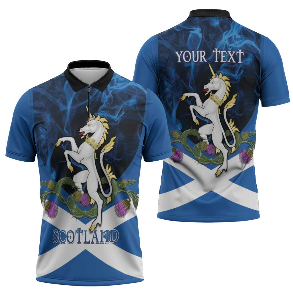 Personalised Unicorn Scotland Zipper Polo Shirt Scottish Saltire With Thistle