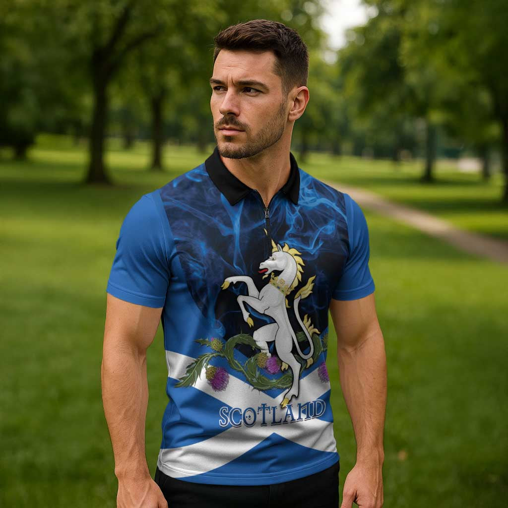 Personalised Unicorn Scotland Zipper Polo Shirt Scottish Saltire With Thistle
