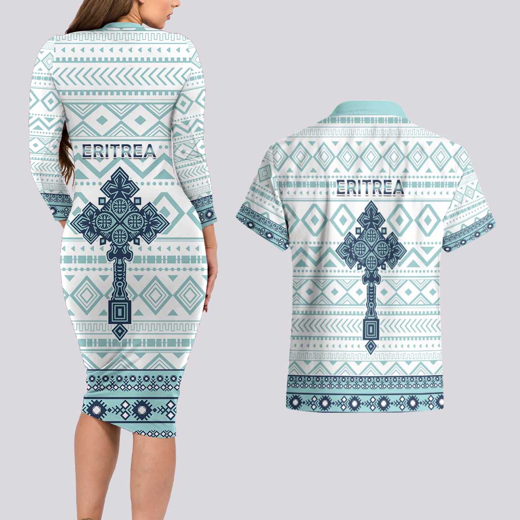 Eritrea Couples Matching Long Sleeve Bodycon Dress and Hawaiian Shirt Eritrean Cross Mix Tilet Pattern - Wonder Print Shop