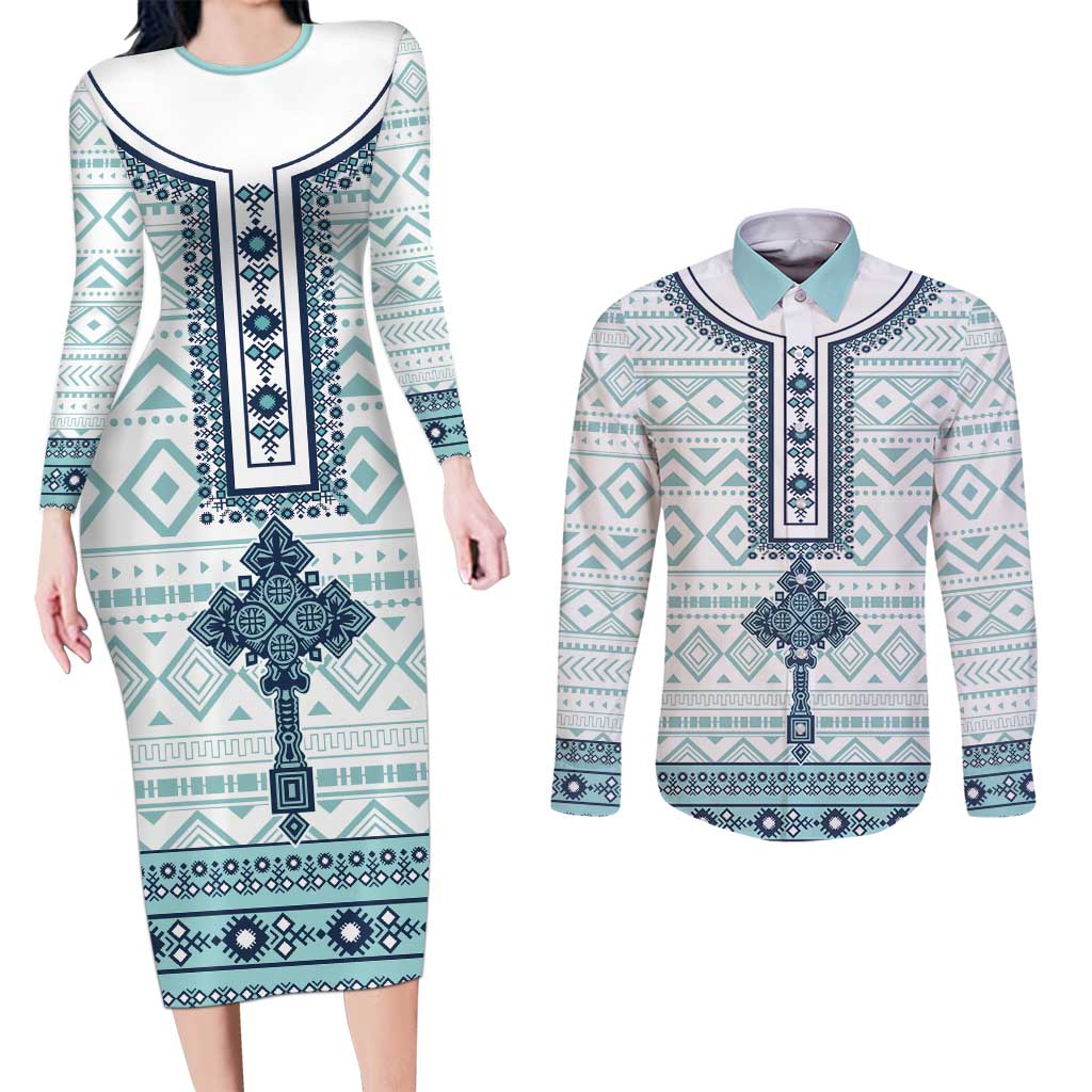 Eritrea Couples Matching Long Sleeve Bodycon Dress and Long Sleeve Button Shirt Eritrean Cross Mix Tilet Pattern - Wonder Print Shop
