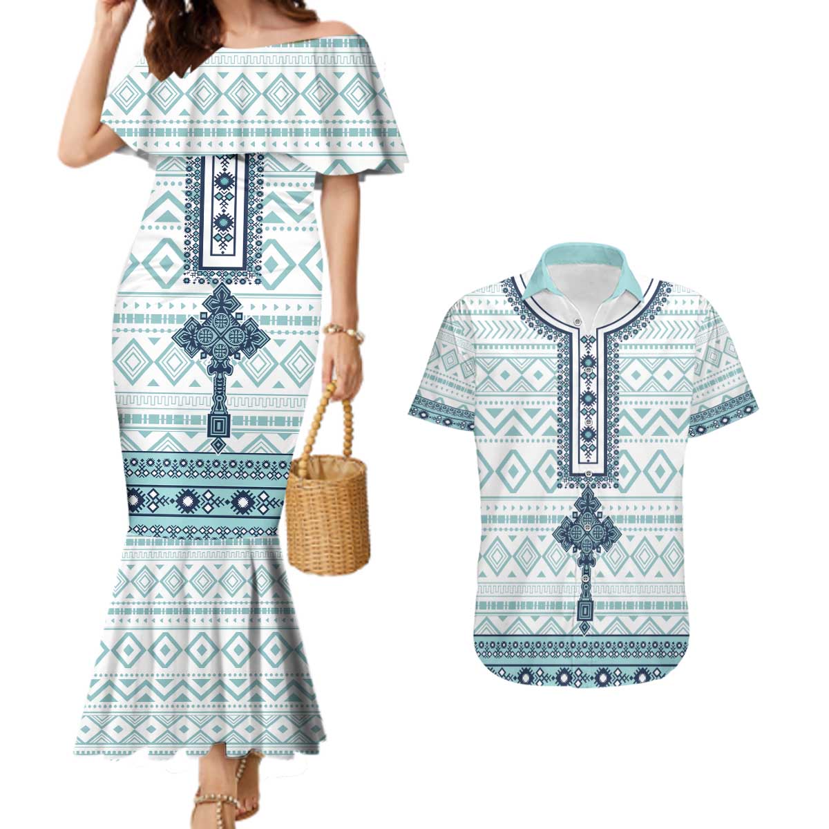 Eritrea Couples Matching Mermaid Dress and Hawaiian Shirt Eritrean Cross Mix Tilet Pattern - Wonder Print Shop
