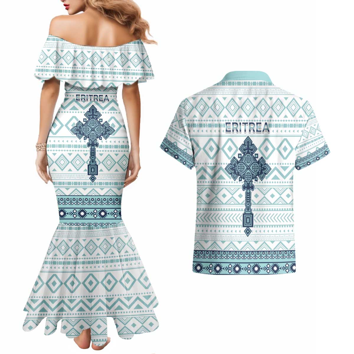 Eritrea Couples Matching Mermaid Dress and Hawaiian Shirt Eritrean Cross Mix Tilet Pattern - Wonder Print Shop