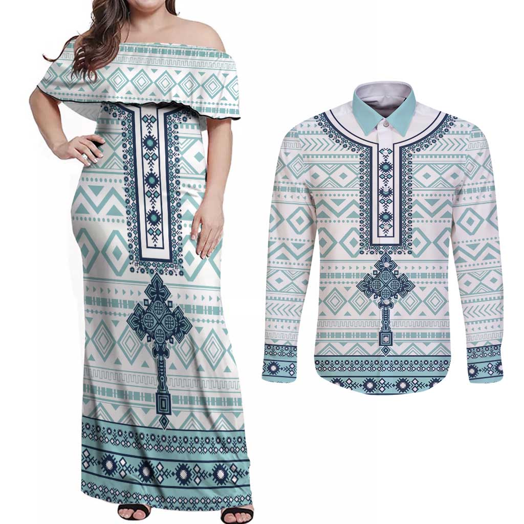 Eritrea Couples Matching Off Shoulder Maxi Dress and Long Sleeve Button Shirt Eritrean Cross Mix Tilet Pattern - Wonder Print Shop