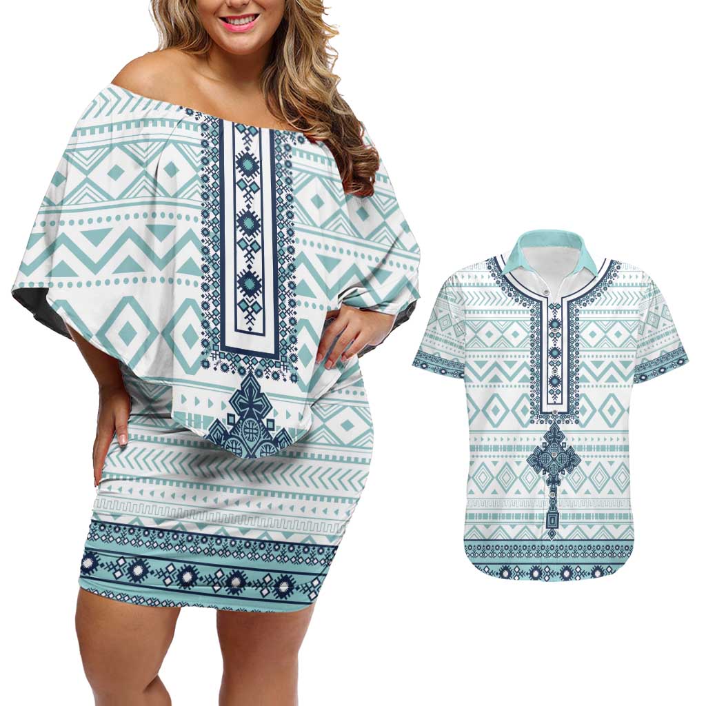 Eritrea Couples Matching Off Shoulder Short Dress and Hawaiian Shirt Eritrean Cross Mix Tilet Pattern - Wonder Print Shop