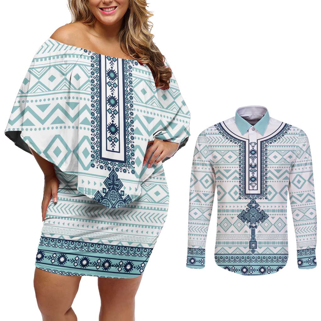 Eritrea Couples Matching Off Shoulder Short Dress and Long Sleeve Button Shirt Eritrean Cross Mix Tilet Pattern - Wonder Print Shop