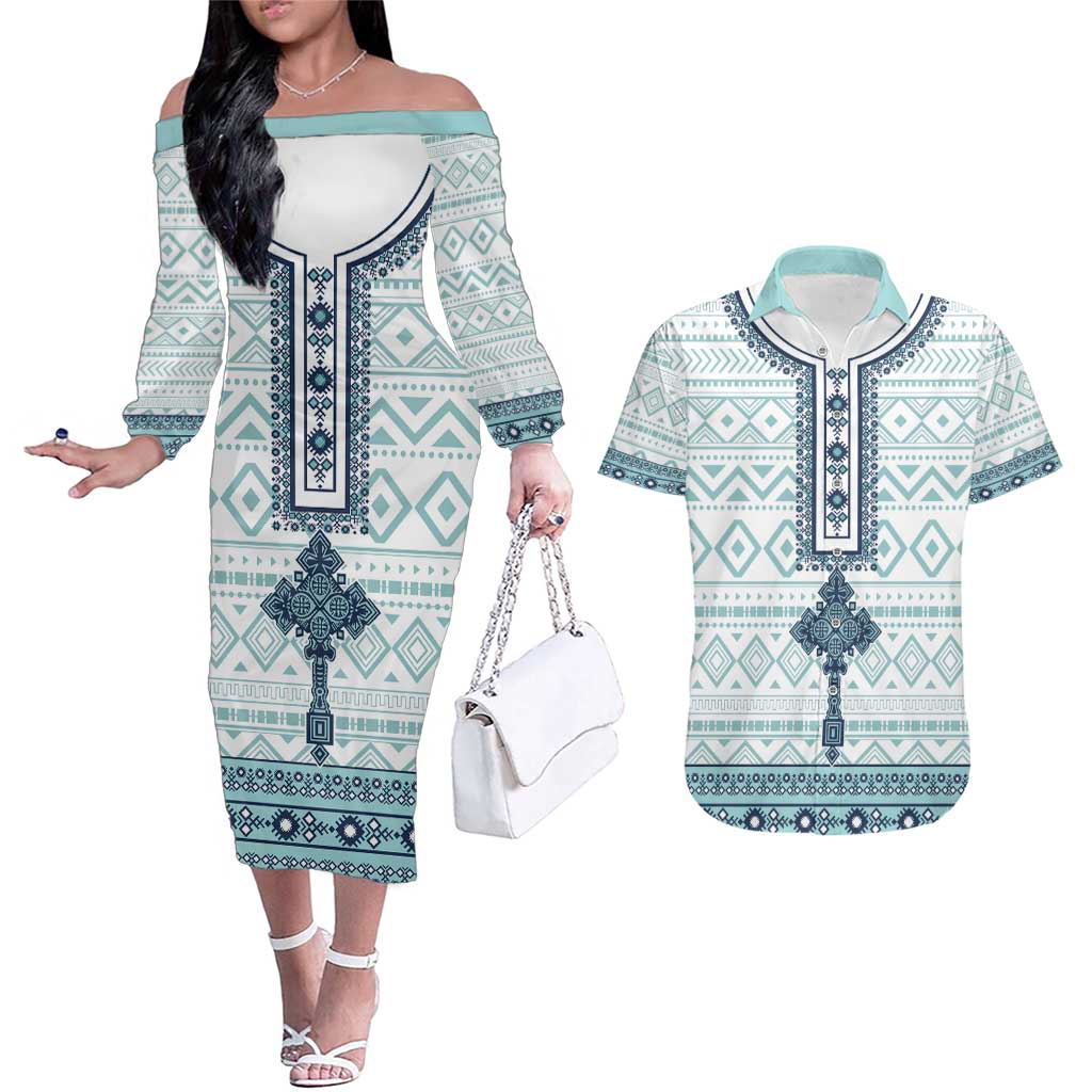 Eritrea Couples Matching Off The Shoulder Long Sleeve Dress and Hawaiian Shirt Eritrean Cross Mix Tilet Pattern - Wonder Print Shop