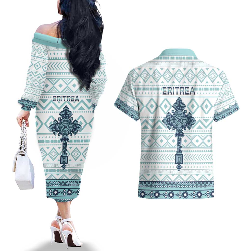 Eritrea Couples Matching Off The Shoulder Long Sleeve Dress and Hawaiian Shirt Eritrean Cross Mix Tilet Pattern - Wonder Print Shop