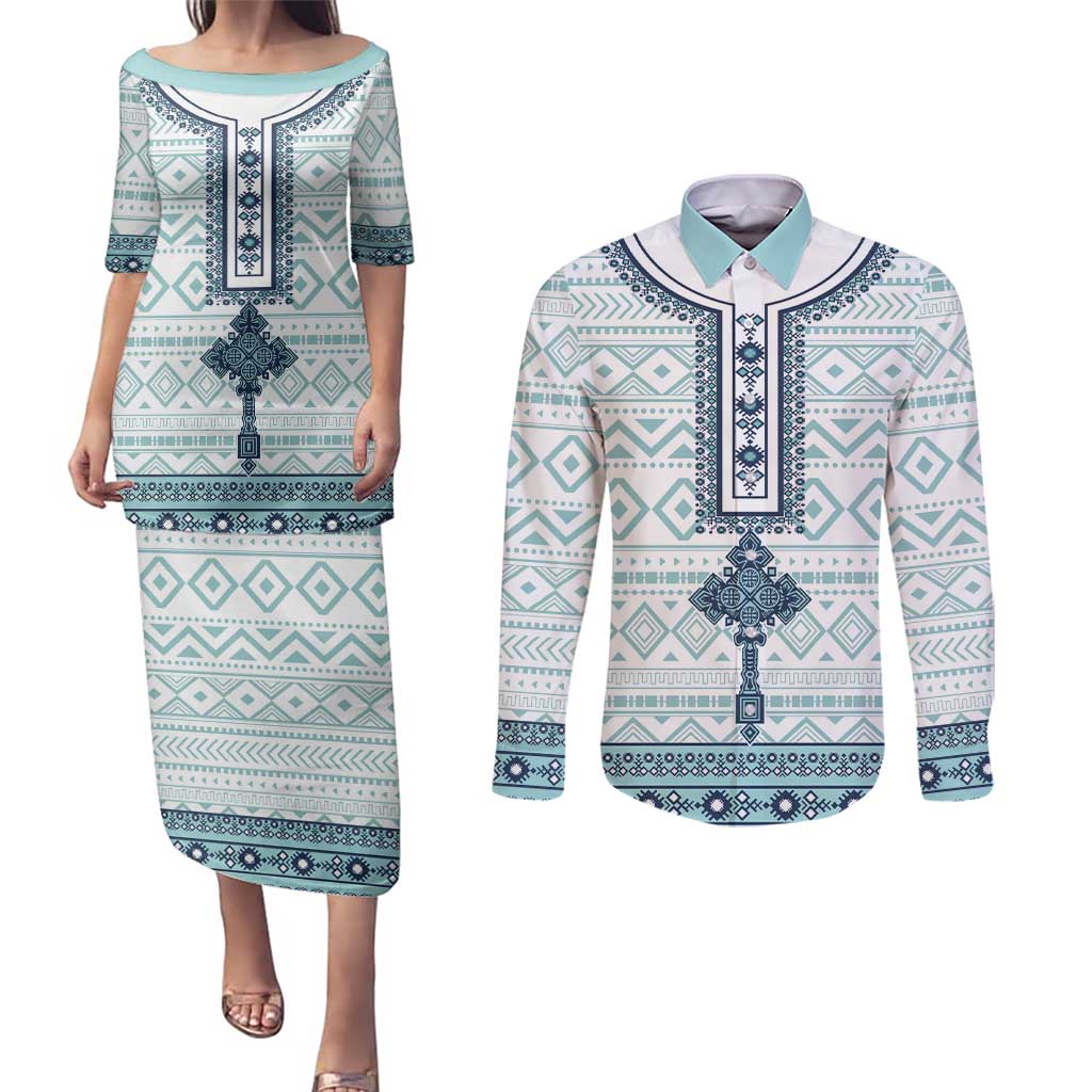 Eritrea Couples Matching Puletasi and Long Sleeve Button Shirt Eritrean Cross Mix Tilet Pattern - Wonder Print Shop