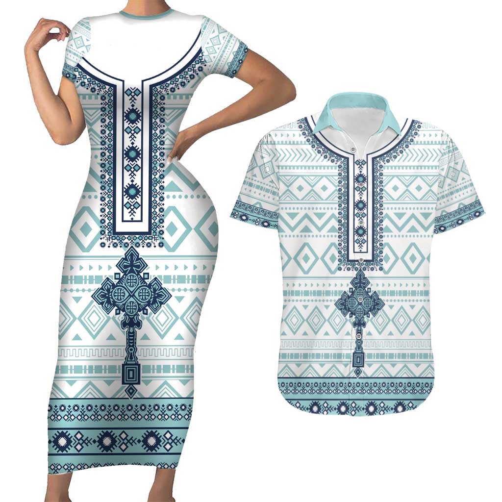 Eritrea Couples Matching Short Sleeve Bodycon Dress and Hawaiian Shirt Eritrean Cross Mix Tilet Pattern - Wonder Print Shop
