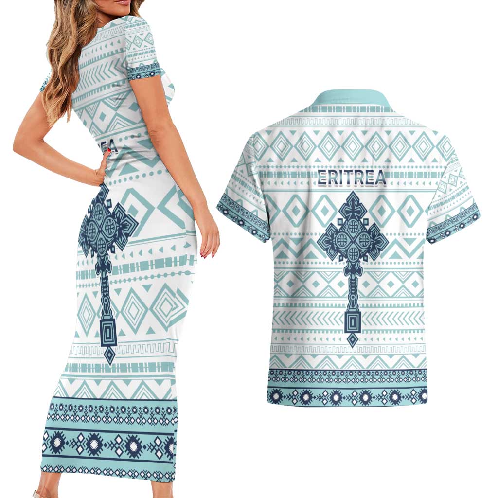 Eritrea Couples Matching Short Sleeve Bodycon Dress and Hawaiian Shirt Eritrean Cross Mix Tilet Pattern - Wonder Print Shop