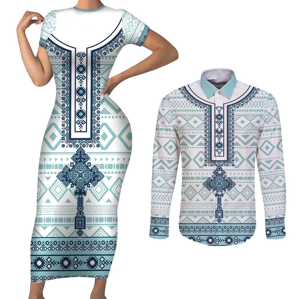 Eritrea Couples Matching Short Sleeve Bodycon Dress and Long Sleeve Button Shirt Eritrean Cross Mix Tilet Pattern - Wonder Print Shop