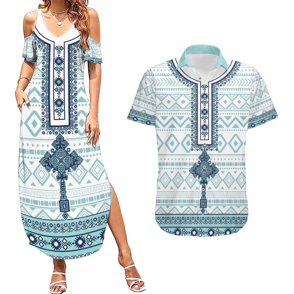 Eritrea Couples Matching Summer Maxi Dress and Hawaiian Shirt Eritrean Cross Mix Tilet Pattern - Wonder Print Shop