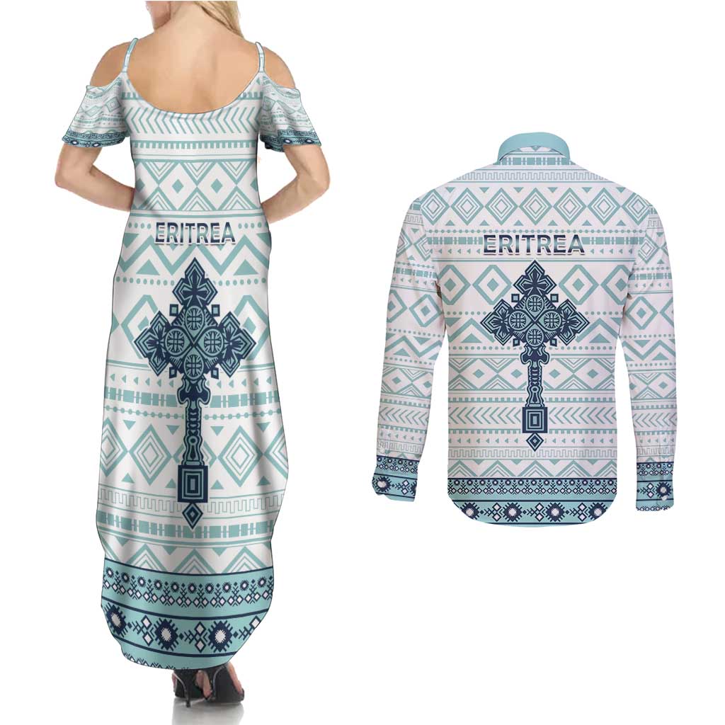 Eritrea Couples Matching Summer Maxi Dress and Long Sleeve Button Shirt Eritrean Cross Mix Tilet Pattern - Wonder Print Shop