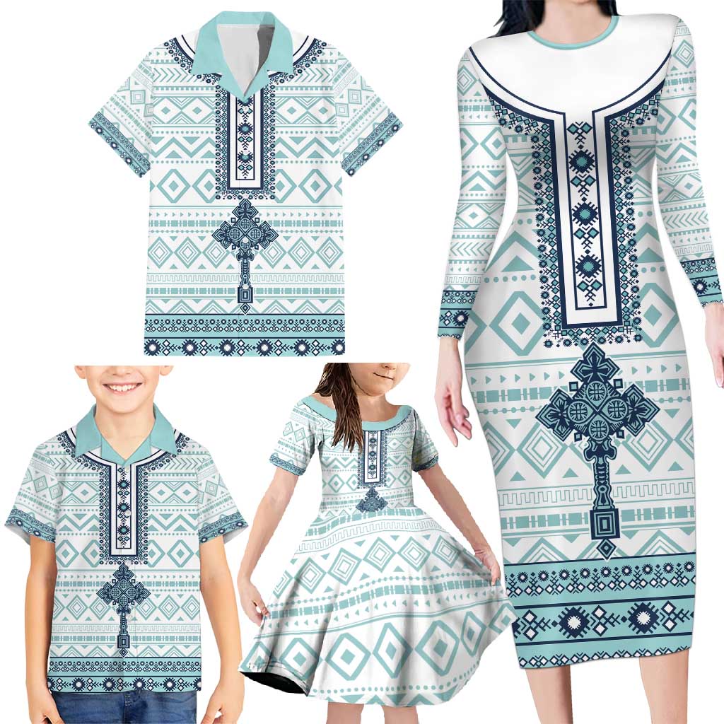 Eritrea Family Matching Long Sleeve Bodycon Dress and Hawaiian Shirt Eritrean Cross Mix Tilet Pattern - Wonder Print Shop