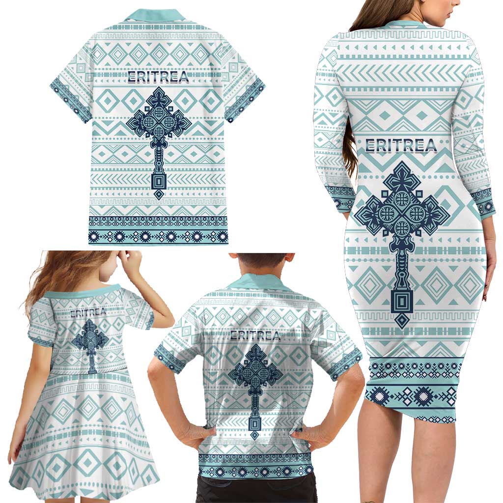 Eritrea Family Matching Long Sleeve Bodycon Dress and Hawaiian Shirt Eritrean Cross Mix Tilet Pattern - Wonder Print Shop