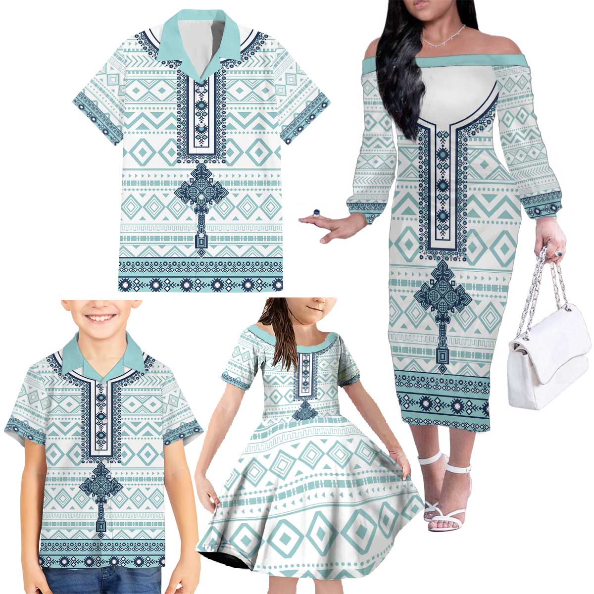 Eritrea Family Matching Off The Shoulder Long Sleeve Dress and Hawaiian Shirt Eritrean Cross Mix Tilet Pattern - Wonder Print Shop