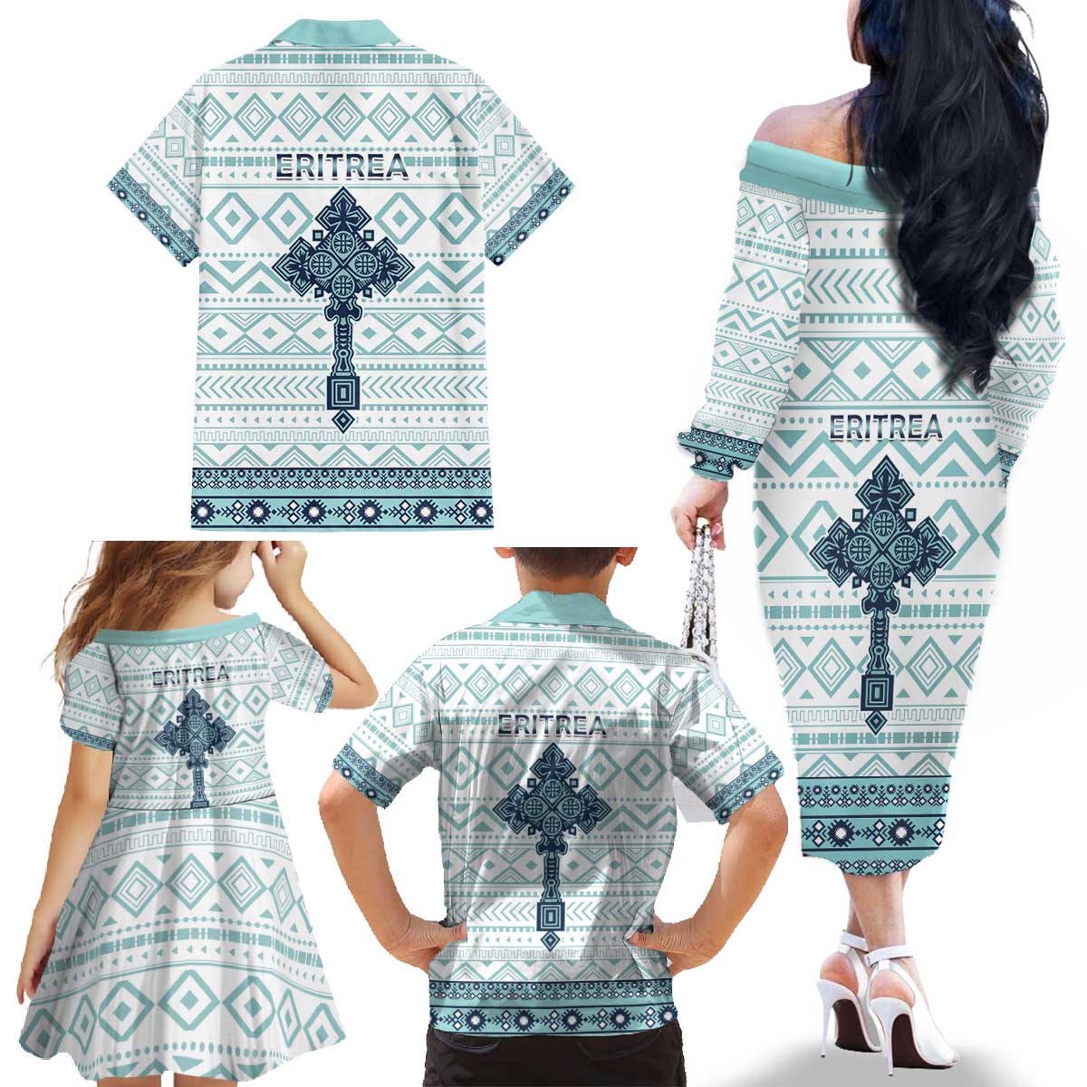 Eritrea Family Matching Off The Shoulder Long Sleeve Dress and Hawaiian Shirt Eritrean Cross Mix Tilet Pattern - Wonder Print Shop
