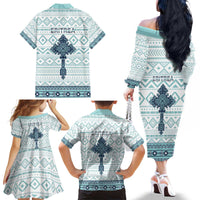 Eritrea Family Matching Off The Shoulder Long Sleeve Dress and Hawaiian Shirt Eritrean Cross Mix Tilet Pattern - Wonder Print Shop