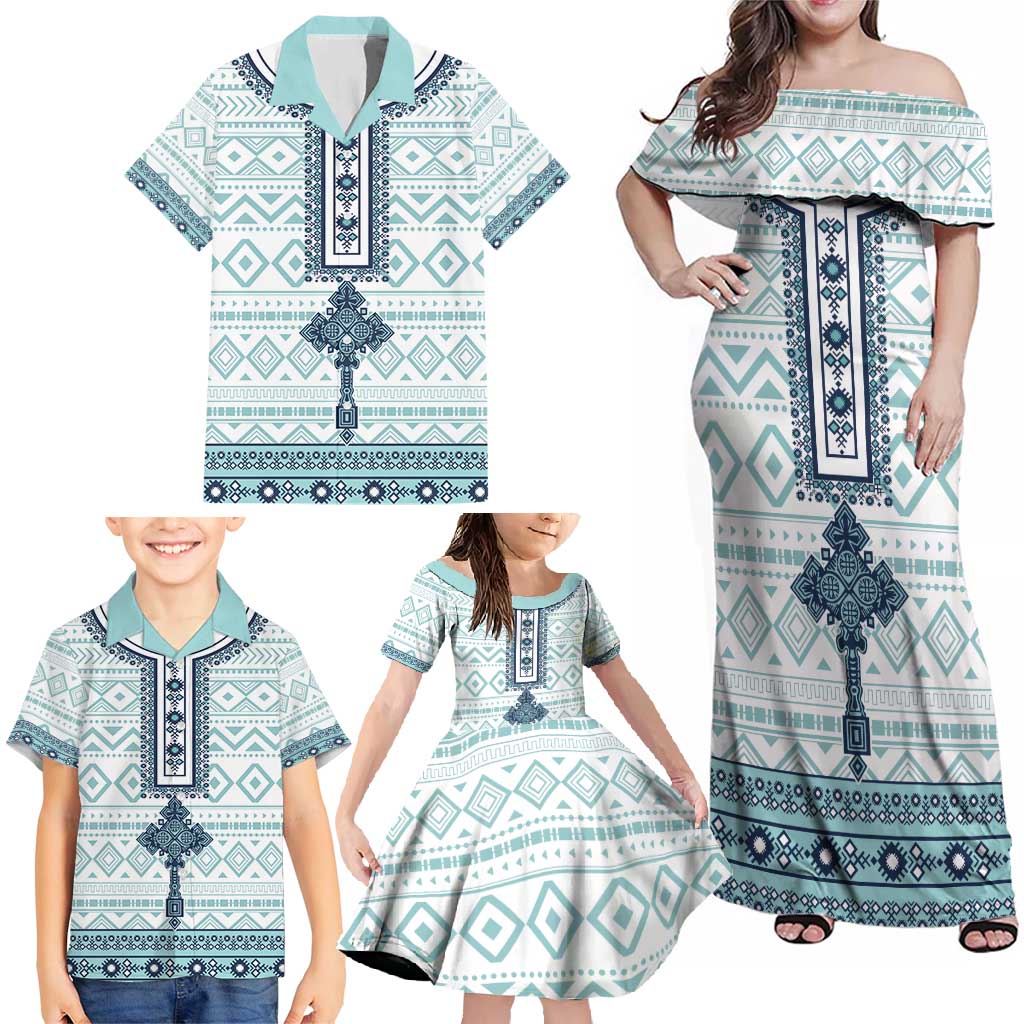 Eritrea Family Matching Off Shoulder Maxi Dress and Hawaiian Shirt Eritrean Cross Mix Tilet Pattern - Wonder Print Shop