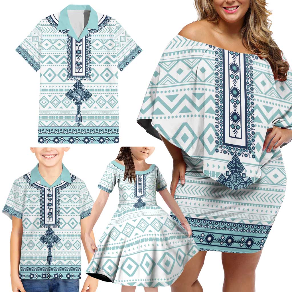 Eritrea Family Matching Off Shoulder Short Dress and Hawaiian Shirt Eritrean Cross Mix Tilet Pattern - Wonder Print Shop