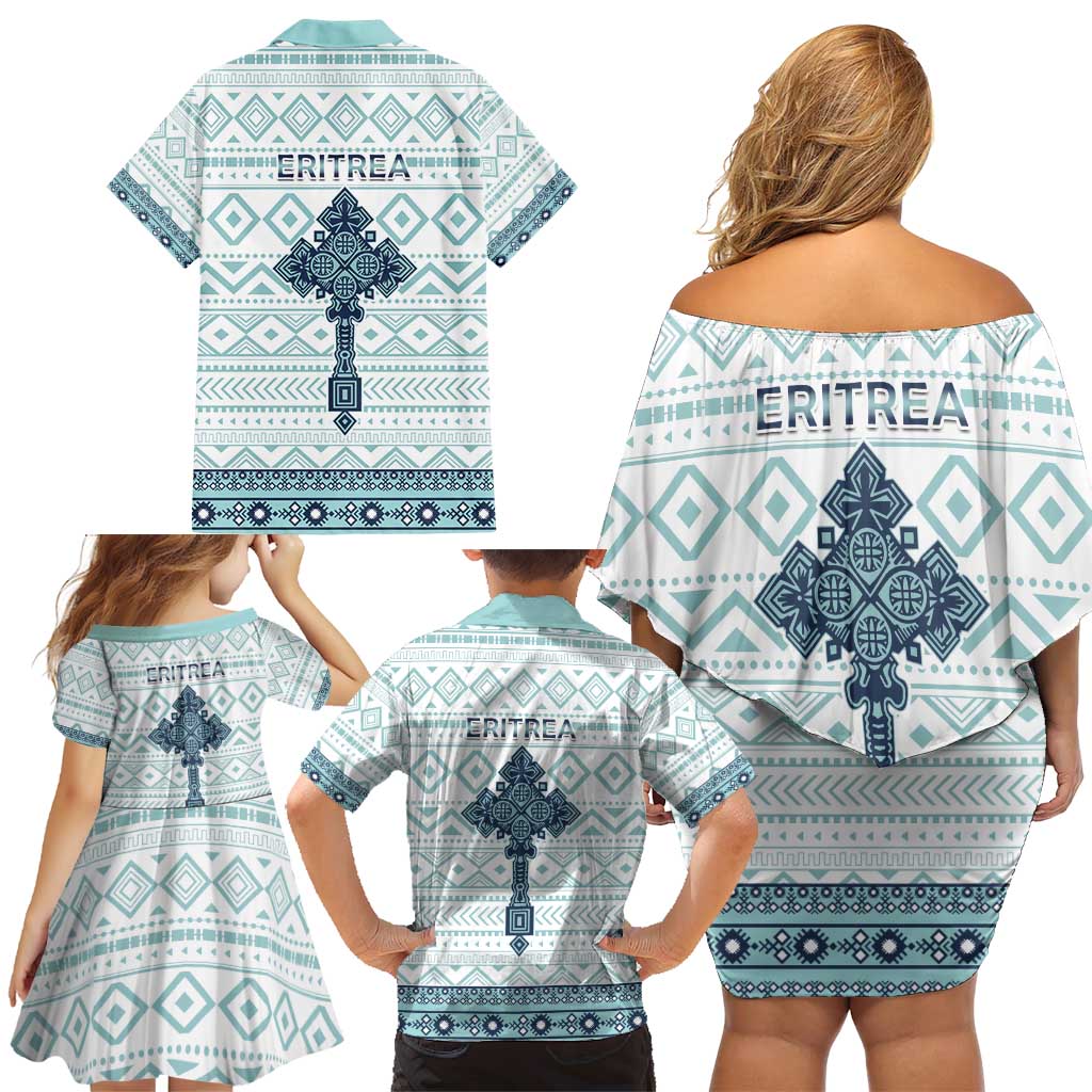 Eritrea Family Matching Off Shoulder Short Dress and Hawaiian Shirt Eritrean Cross Mix Tilet Pattern - Wonder Print Shop