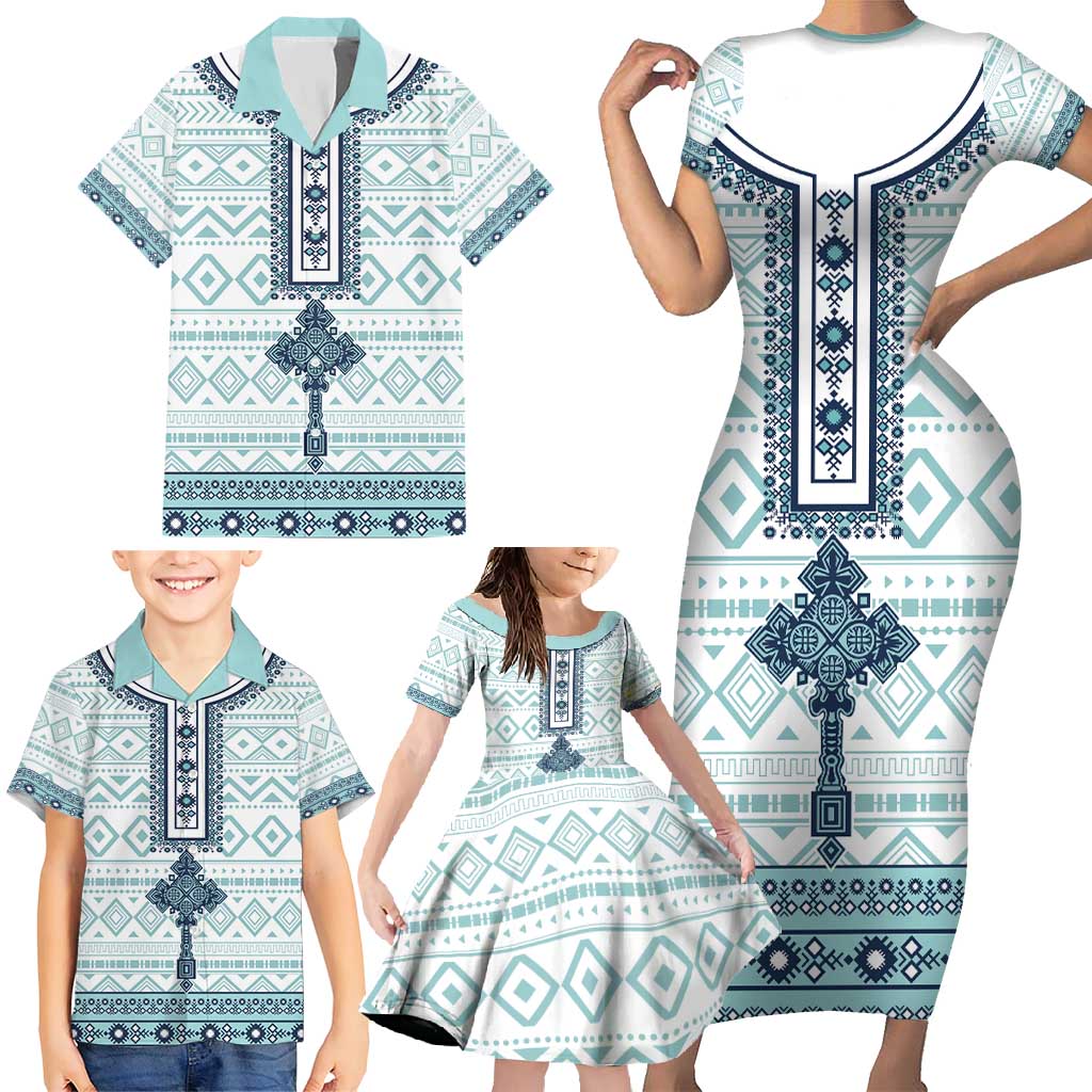 Eritrea Family Matching Short Sleeve Bodycon Dress and Hawaiian Shirt Eritrean Cross Mix Tilet Pattern - Wonder Print Shop