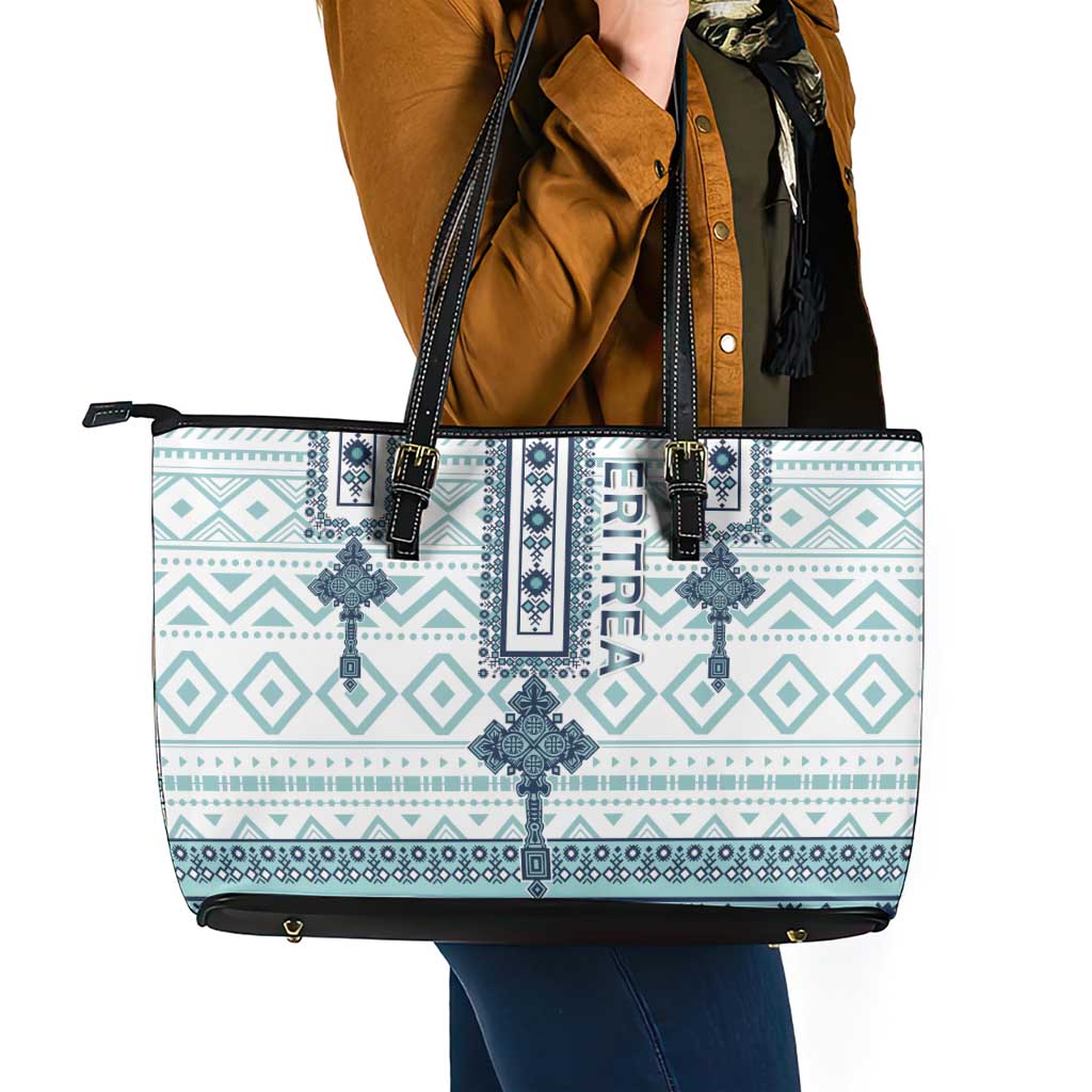 Eritrea Leather Tote Bag Eritrean Cross Mix Tilet Pattern - Wonder Print Shop