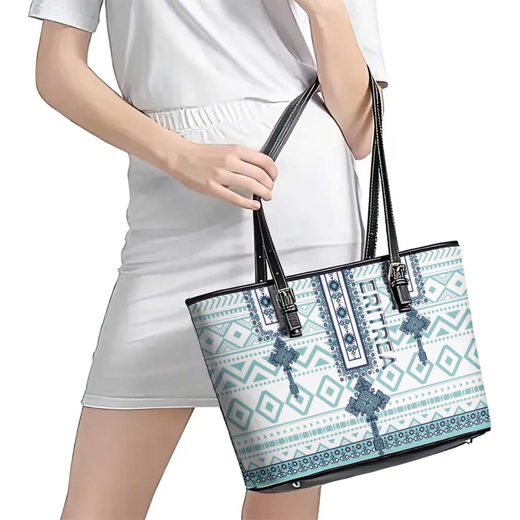 Eritrea Leather Tote Bag Eritrean Cross Mix Tilet Pattern - Wonder Print Shop