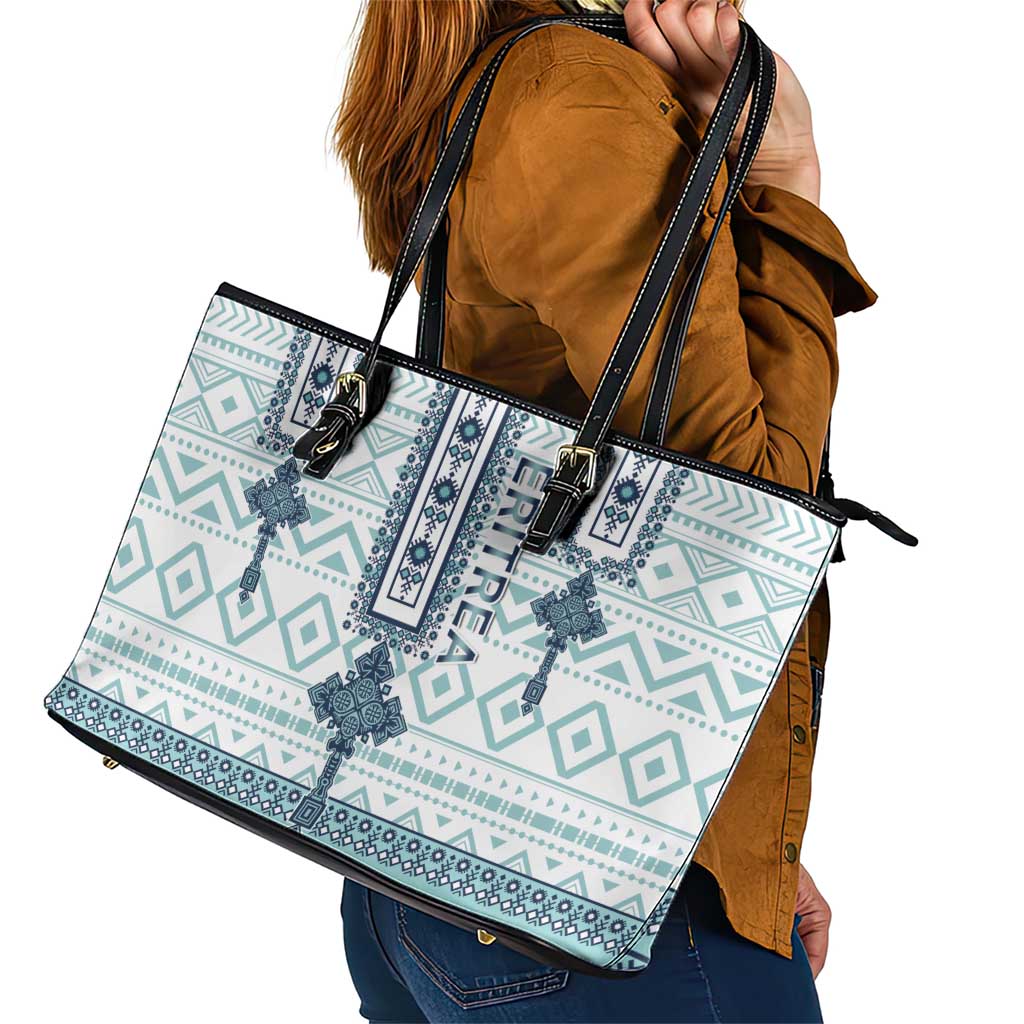 Eritrea Leather Tote Bag Eritrean Cross Mix Tilet Pattern - Wonder Print Shop