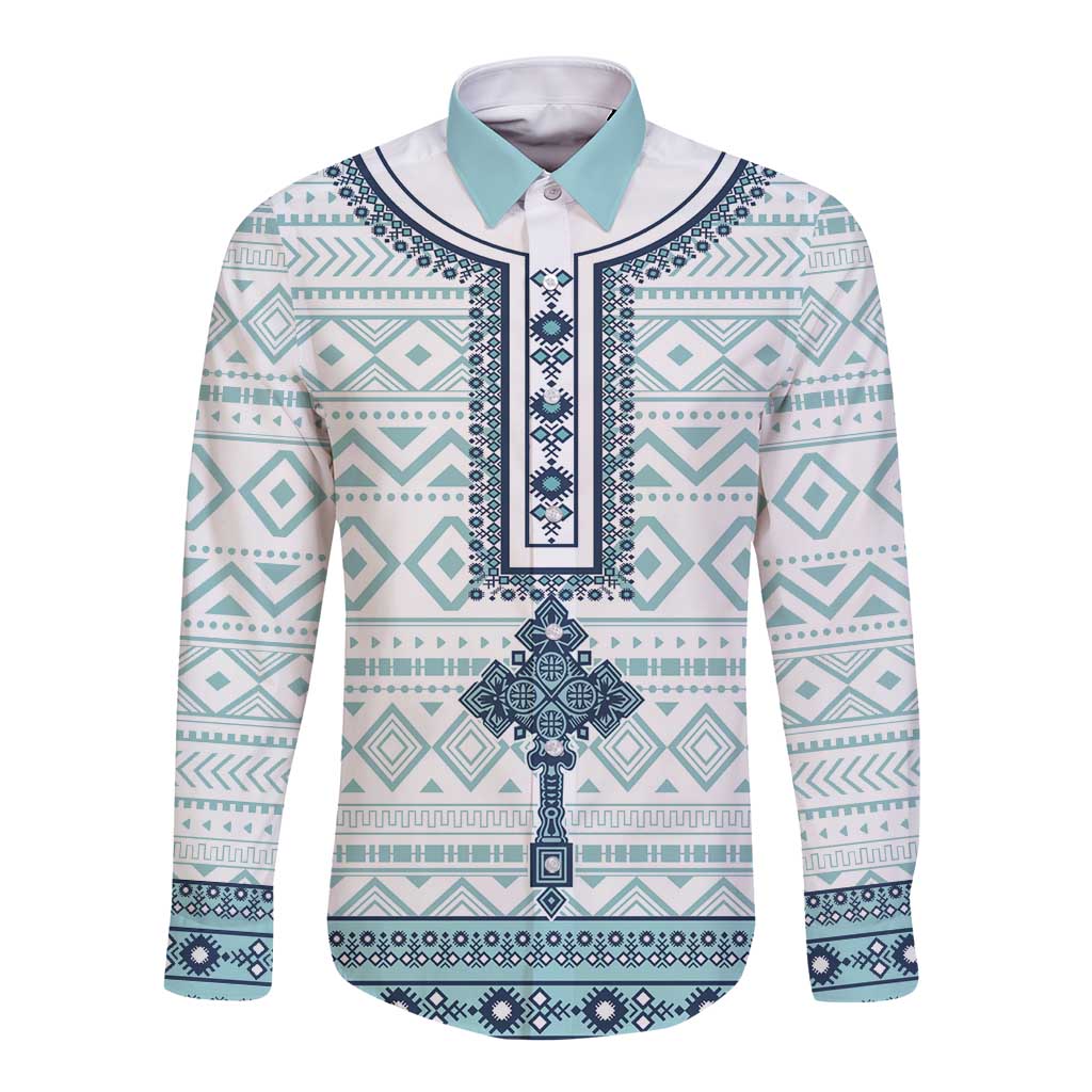 Eritrea Long Sleeve Button Shirt Eritrean Cross Mix Tilet Pattern - Wonder Print Shop