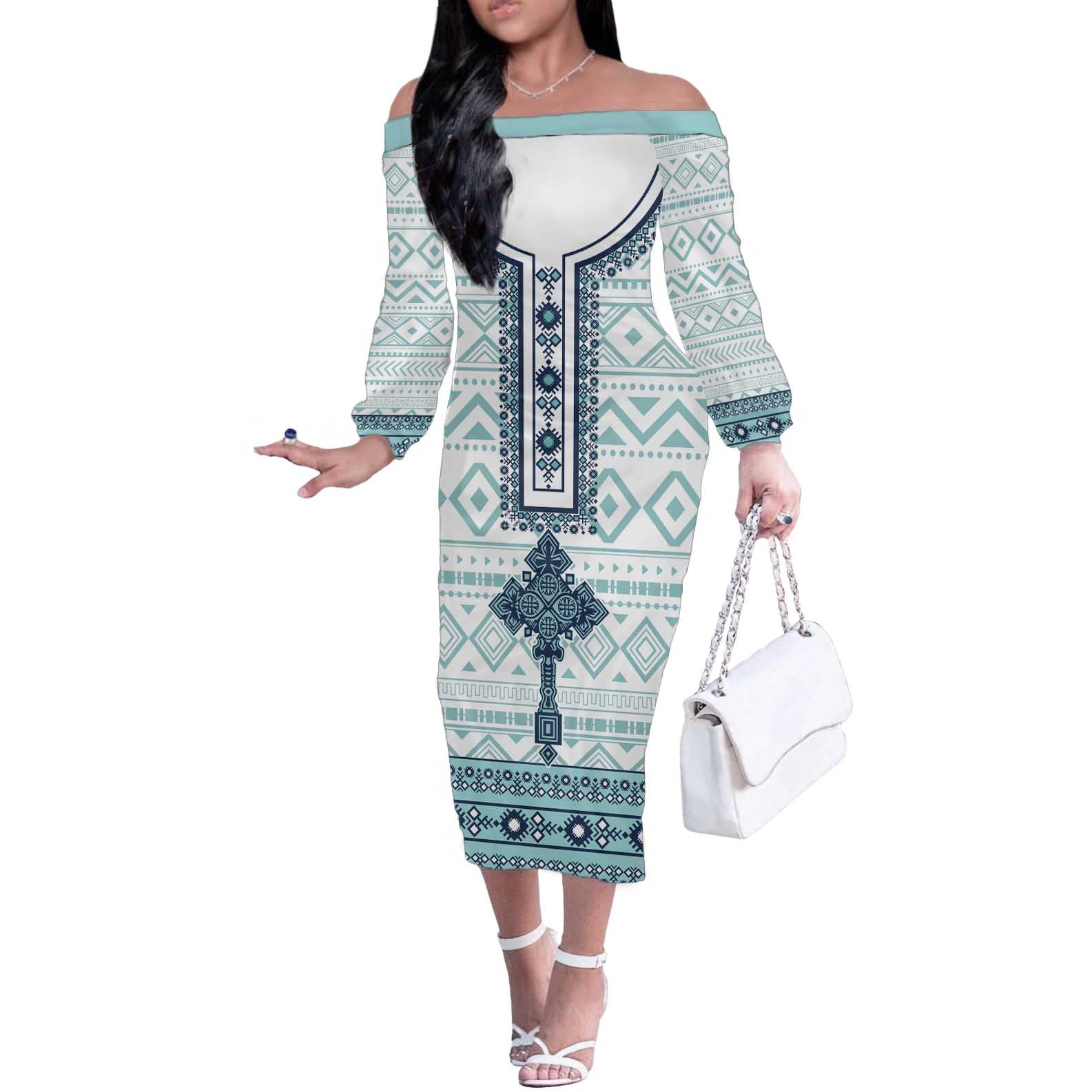 Eritrea Off The Shoulder Long Sleeve Dress Eritrean Cross Mix Tilet Pattern - Wonder Print Shop
