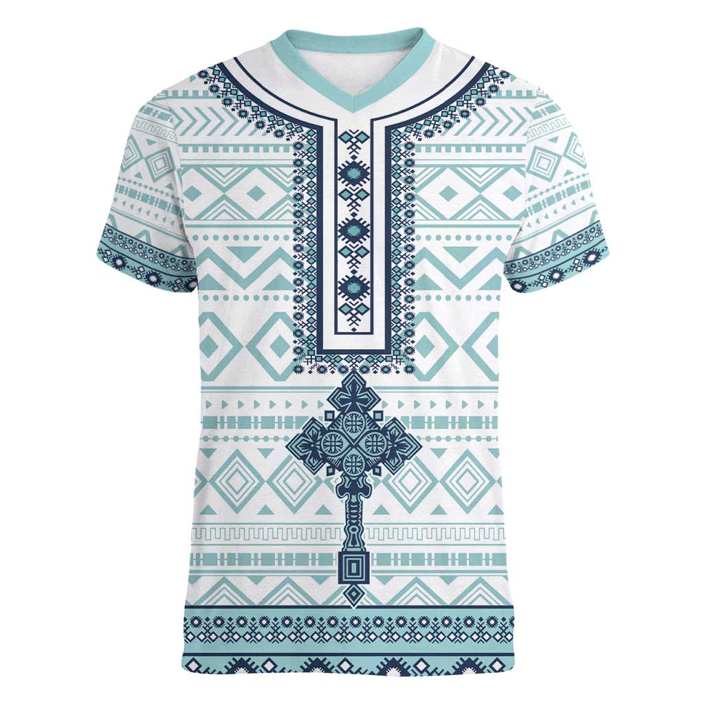 Eritrea Women V-Neck T-Shirt Eritrean Cross Mix Tilet Pattern - Wonder Print Shop