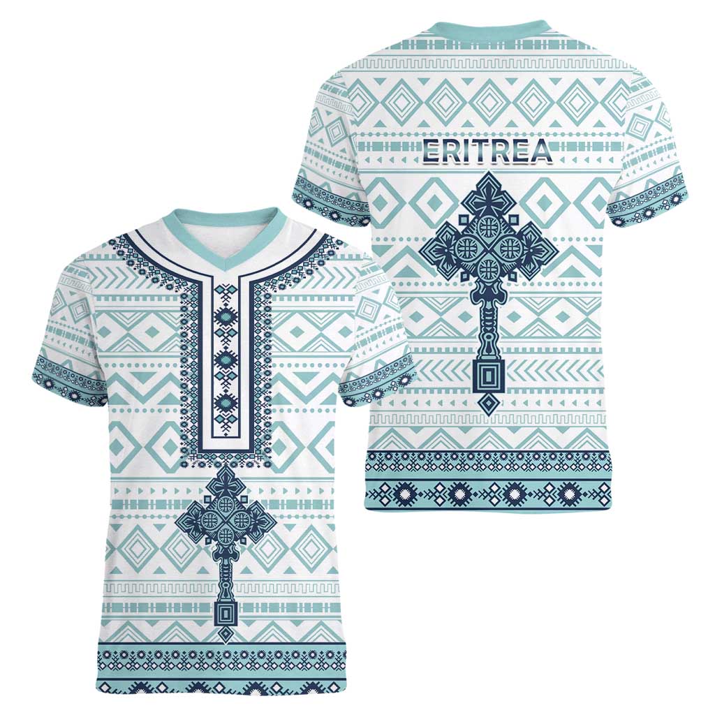 Eritrea Women V-Neck T-Shirt Eritrean Cross Mix Tilet Pattern - Wonder Print Shop