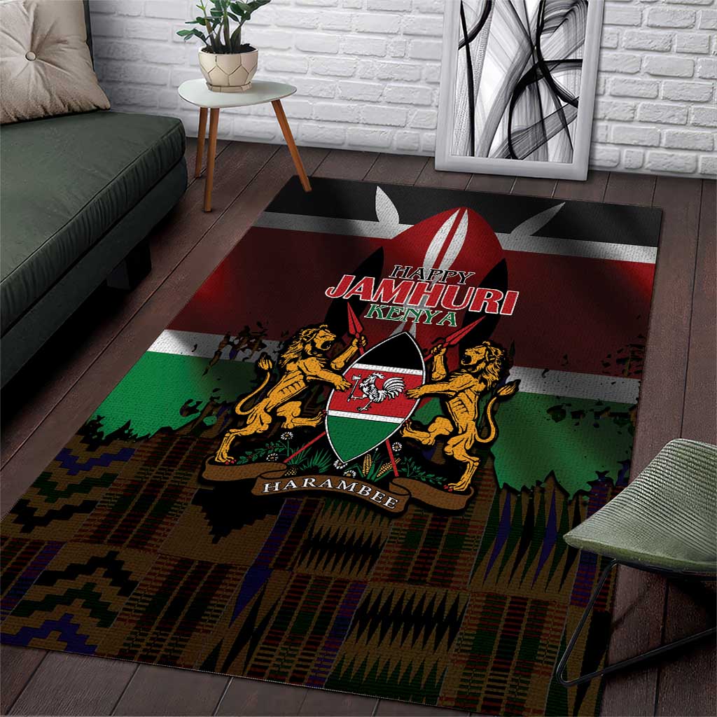 Happy Kenya Independence Day Area Rug Coat Of Arms With Kente Pattern - Wonder Print Shop