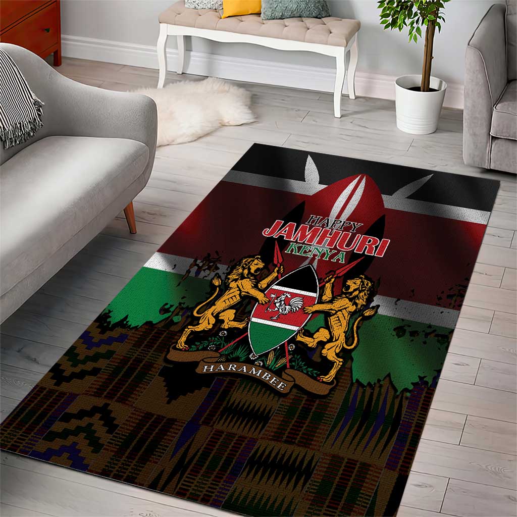 Happy Kenya Independence Day Area Rug Coat Of Arms With Kente Pattern - Wonder Print Shop