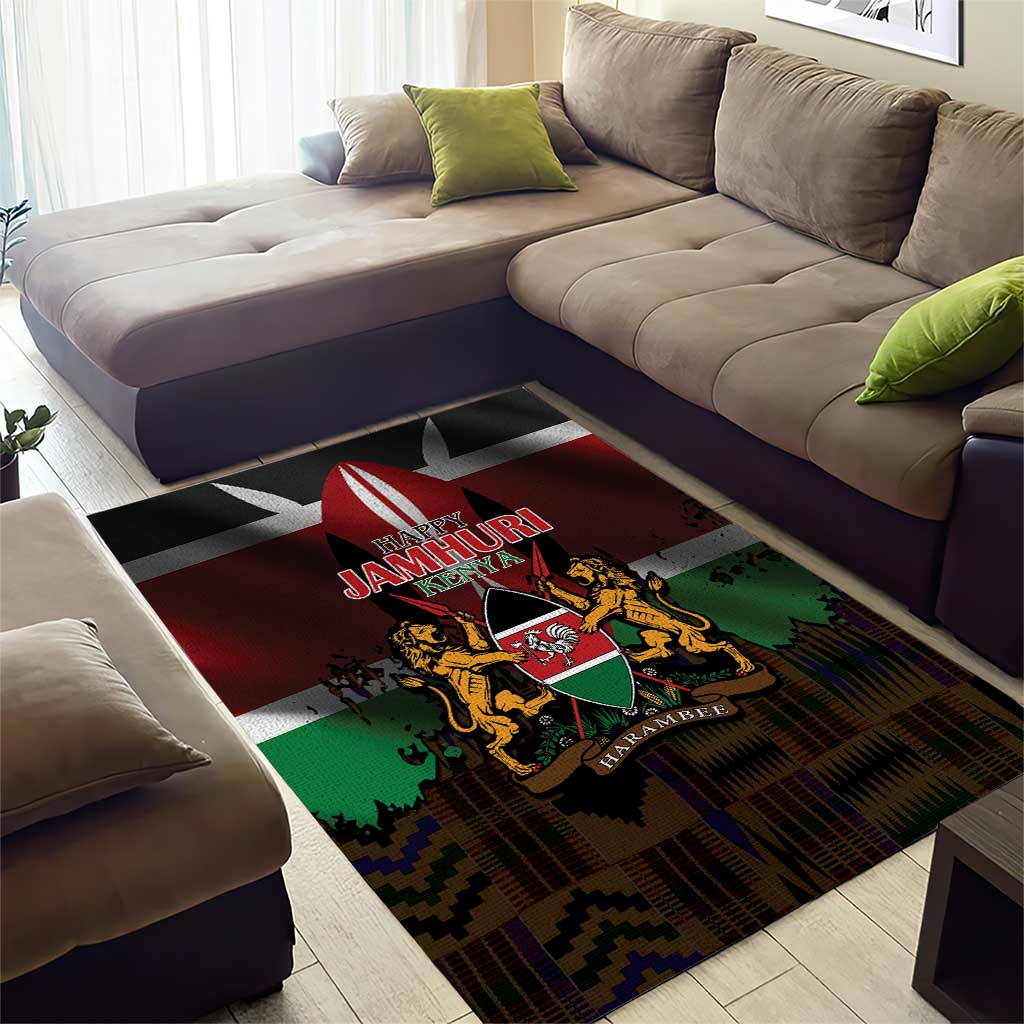 Happy Kenya Independence Day Area Rug Coat Of Arms With Kente Pattern - Wonder Print Shop